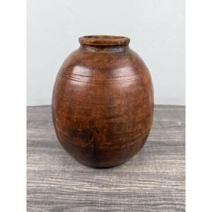 Vintage African Hand Carved Wooden Water Pot Vase  Vessel Rustic Tribal Decor